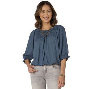 Democracy Printed Elbow Sleeve Bubble Hem Top Wistful Teal Petite Size XL